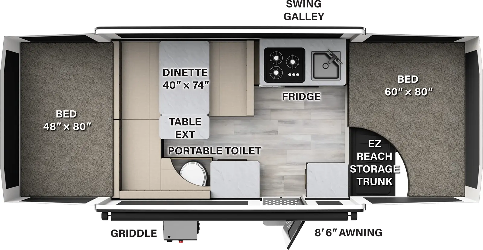 The 206STSE has no slideouts and one entry door. Exterior features an 8 foot 6 inch awning, front EZ reach storage trunk, and griddle. Interior layout front to back: front tent bed; off-door side swing galley with cooktop and sink, and dinette with table extension; door side countertop, entry, portable toilet and more seating; rear tent bed